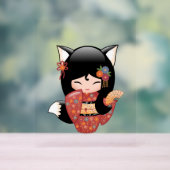 Kitsune Kokeshi Doll - Black Fox Geisha Girl Acryl Bord (Neutraal)