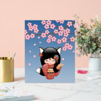 Kitsune Kokeshi Doll Black Fox Geisha Girl Blauw