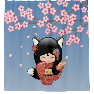 Kitsune Kokeshi Doll Black Fox Geisha Girl Blauw Douchegordijn