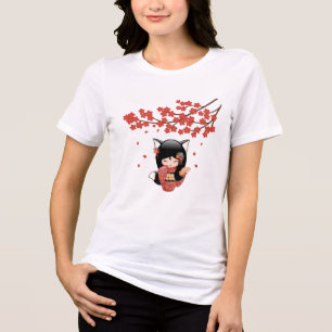 Kitsune Kokeshi Doll Black Fox Geisha Girl Blauw Tri-Blend Shirt
