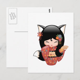 Kitsune Kokeshi Doll - Black Fox Geisha Girl Briefkaart