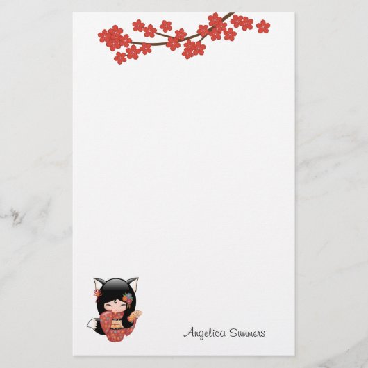 Kitsune Kokeshi Doll - Black Fox Geisha Girl Briefpapier (Voorkant)