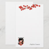Kitsune Kokeshi Doll - Black Fox Geisha Girl Briefpapier (Voorkant / Achterkant)