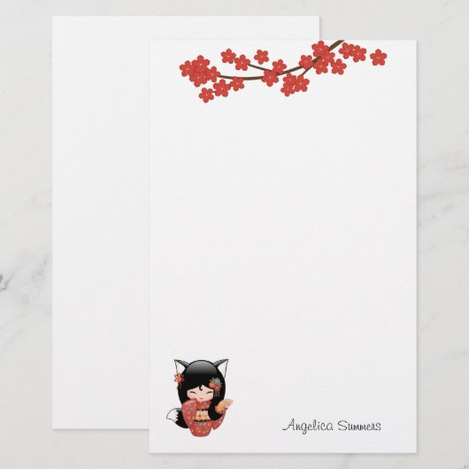 Kitsune Kokeshi Doll - Black Fox Geisha Girl Briefpapier (Voorkant / Achterkant)