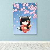 Kitsune Kokeshi Doll - Black Fox Geisha Girl Canvas Afdruk (Insitu (Houten vloer))