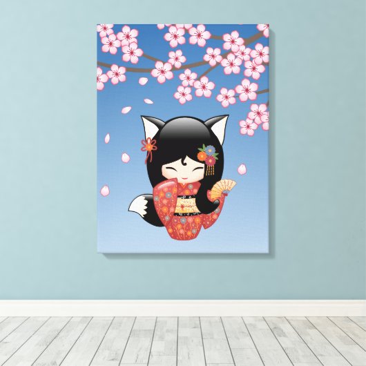 Kitsune Kokeshi Doll - Black Fox Geisha Girl Canvas Afdruk (Insitu (Houten vloer))
