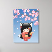 Kitsune Kokeshi Doll - Black Fox Geisha Girl Canvas Afdruk (Voorkant)