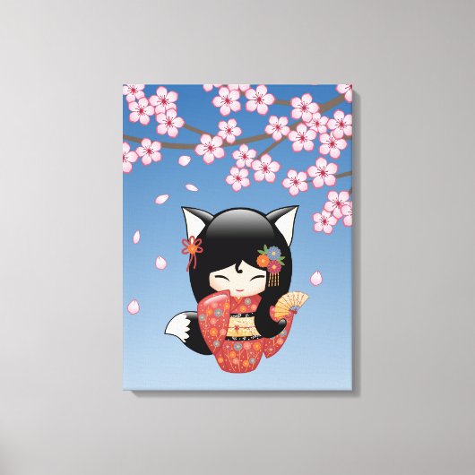 Kitsune Kokeshi Doll - Black Fox Geisha Girl Canvas Afdruk (Voorkant)