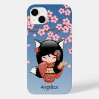 Kitsune Kokeshi Doll - Black Fox Geisha Girl