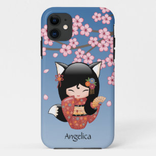 Kitsune Kokeshi Doll - Black Fox Geisha Girl iPhone 11 Hoesje