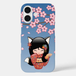 Kitsune Kokeshi Doll - Black Fox Geisha Girl iPhone 16 Hoesje