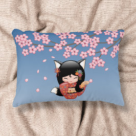 Kitsune Kokeshi Doll - Black Fox Geisha Girl Decoratief Kussen