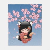 Kitsune Kokeshi Doll - Black Fox Geisha Girl Fleece Deken (Voorkant)