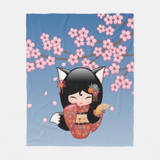 Kitsune Kokeshi Doll - Black Fox Geisha Girl Fleece Deken (Voorkant)