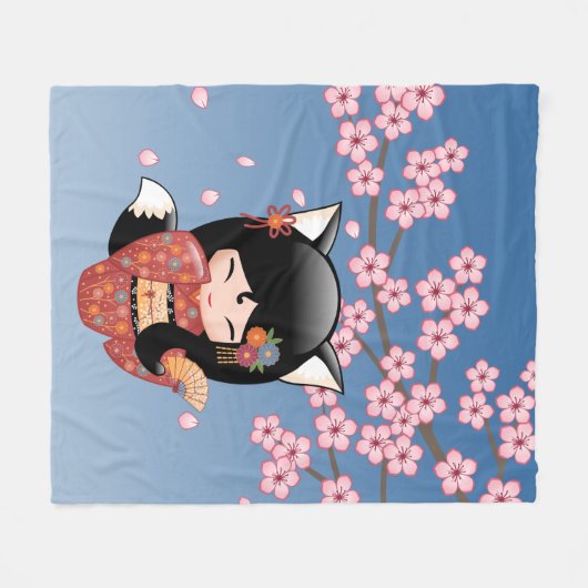 Kitsune Kokeshi Doll - Black Fox Geisha Girl Fleece Deken (Voorkant (Horizontaal))