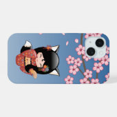 Kitsune Kokeshi Doll - Black Fox Geisha Girl iPhone 15 Case (Achterkant horizontaal)
