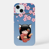 Kitsune Kokeshi Doll - Black Fox Geisha Girl