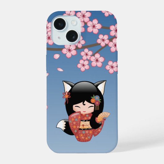 Kitsune Kokeshi Doll - Black Fox Geisha Girl iPhone 15 Case (Achterkant)
