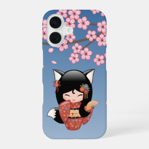Kitsune Kokeshi Doll - Black Fox Geisha Girl iPhone 16 Hoesje