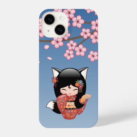 Kitsune Kokeshi Doll - Black Fox Geisha Girl iPhone Hoesje (Achterkant)