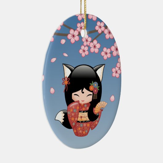 Kitsune Kokeshi Doll - Black Fox Geisha Girl Keramisch Ornament (Rechts)