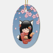 Kitsune Kokeshi Doll - Black Fox Geisha Girl Keramisch Ornament (Links)