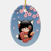 Kitsune Kokeshi Doll - Black Fox Geisha Girl Keramisch Ornament (Voorkant)