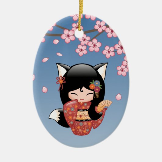 Kitsune Kokeshi Doll - Black Fox Geisha Girl Keramisch Ornament (Voorkant)