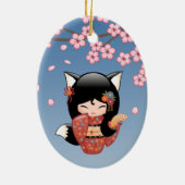 Kitsune Kokeshi Doll - Black Fox Geisha Girl Keramisch Ornament (Achterkant)