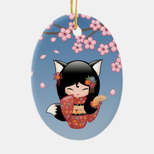 Kitsune Kokeshi Doll - Black Fox Geisha Girl Keramisch Ornament (Achterkant)