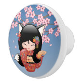 Kitsune Kokeshi Doll - Black Fox Geisha Girl Keramische Knop (Rechts)