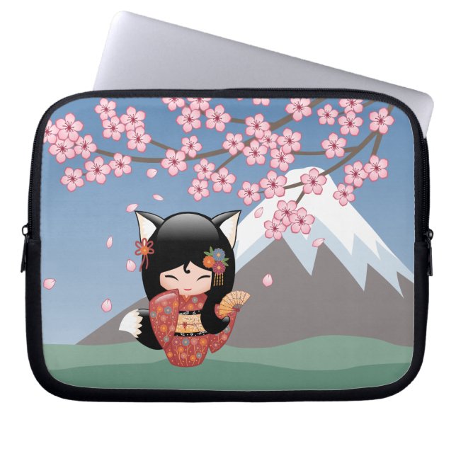 Kitsune Kokeshi Doll - Black Fox Geisha Girl Laptop Sleeve (Voorkant)