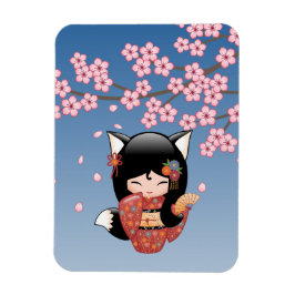 Kitsune Kokeshi Doll - Black Fox Geisha Girl Magneet