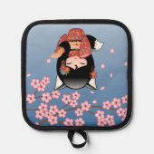 Kitsune Kokeshi Doll - Black Fox Geisha Girl Pannenlap (Voorkant)