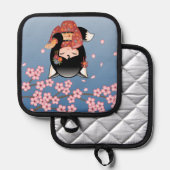 Kitsune Kokeshi Doll - Black Fox Geisha Girl Pannenlap (Voorkant / Achterkant)