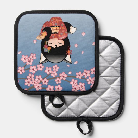 Kitsune Kokeshi Doll - Black Fox Geisha Girl Pannenlap (Voorkant / Achterkant)