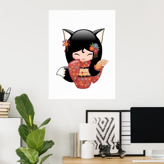 Kitsune Kokeshi Doll - Black Fox Geisha Girl Poster (Thuiskantoor)