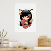 Kitsune Kokeshi Doll - Black Fox Geisha Girl Poster (Keuken)