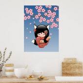 Kitsune Kokeshi Doll - Black Fox Geisha Girl Poster (Keuken)