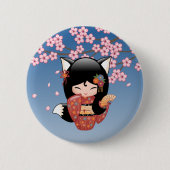 Kitsune Kokeshi Doll - Black Fox Geisha Girl Ronde Button 5,7 Cm (Voorkant)