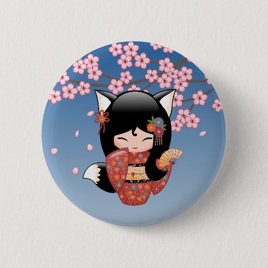 Kitsune Kokeshi Doll - Black Fox Geisha Girl Ronde Button 5,7 Cm (Voorkant)