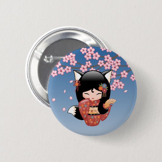 Kitsune Kokeshi Doll - Black Fox Geisha Girl Ronde Button 5,7 Cm (Voorkant /achterkant)