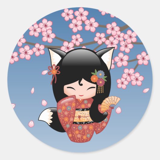 Kitsune Kokeshi Doll - Black Fox Geisha Girl Ronde Sticker (Voorkant)