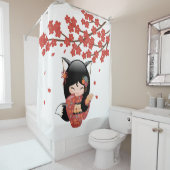 Kitsune Kokeshi Doll Black Fox Geisha Girl Rood Douchegordijn (In situ)