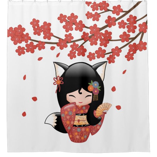Kitsune Kokeshi Doll Black Fox Geisha Girl Rood Douchegordijn (Voorkant)