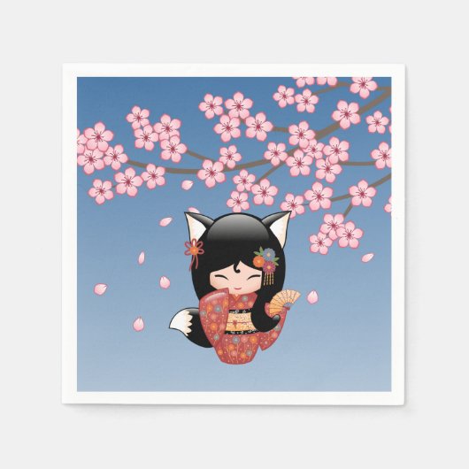 Kitsune Kokeshi Doll - Black Fox Geisha Girl Servet (Voorkant)