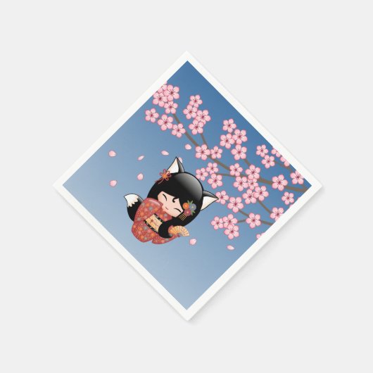 Kitsune Kokeshi Doll - Black Fox Geisha Girl Servet (Hoek)