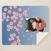 Kitsune Kokeshi Doll - Black Fox Geisha Girl Sherpa Deken (Voorkant (horizontaal))