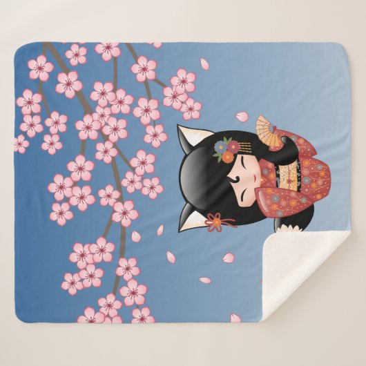 Kitsune Kokeshi Doll - Black Fox Geisha Girl Sherpa Deken (Voorkant (horizontaal))