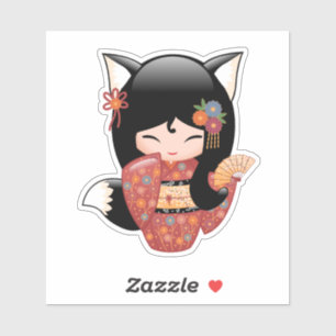 Kitsune Kokeshi Doll - Black Fox Geisha Girl Sticker